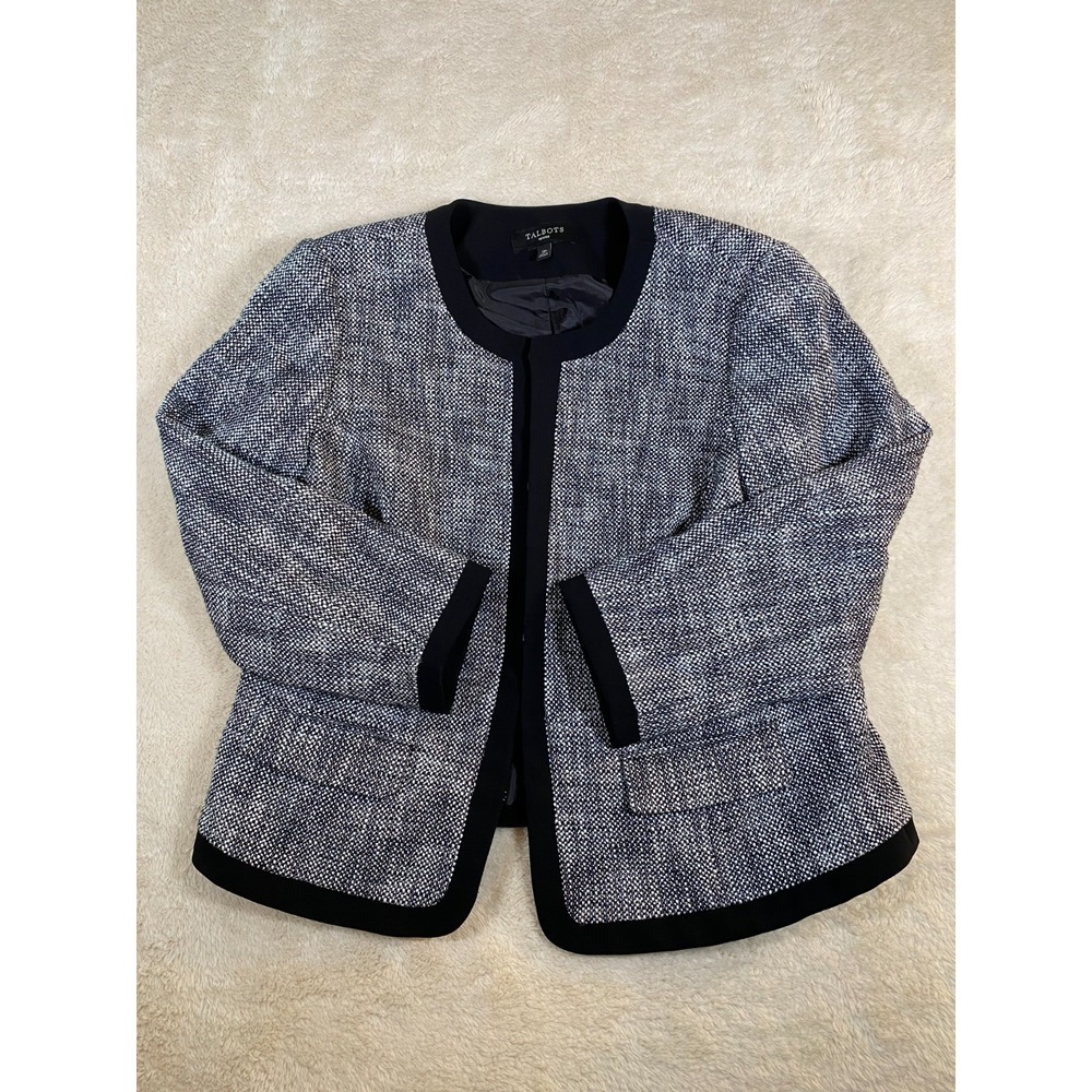 Talbots Tweed Jacket Blazer Size 12P with Trim Black Front pockets